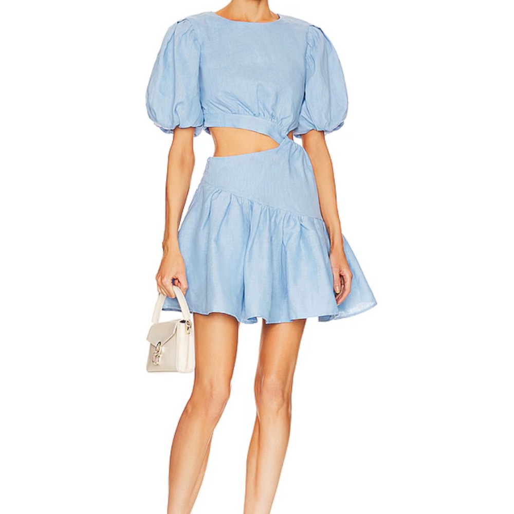 Bardot Mimi Mini Dress Blue Linen Puff Sleeve Cutout Women XXS Girls 14